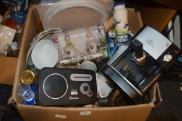 Large Box of Household Goods Including Radio, Coff