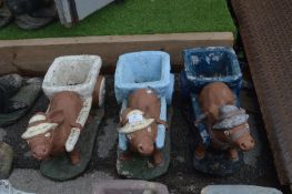Three Painted Donkey and Cart Garden Ornaments