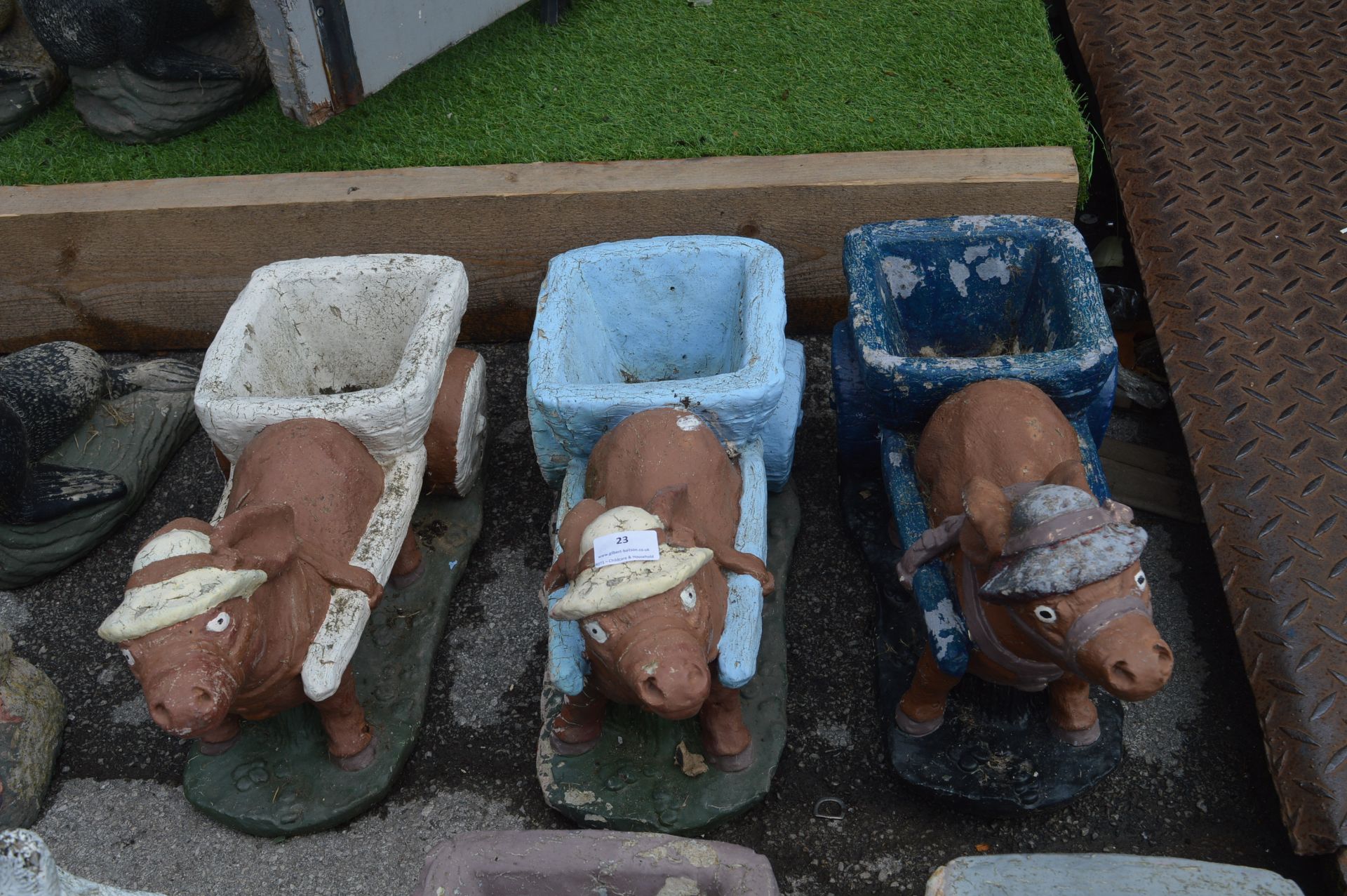 Three Painted Donkey and Cart Garden Ornaments