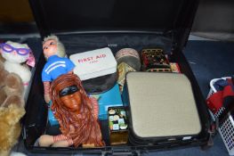Suitcase Containing Older Items, Tins, Wall Masks,