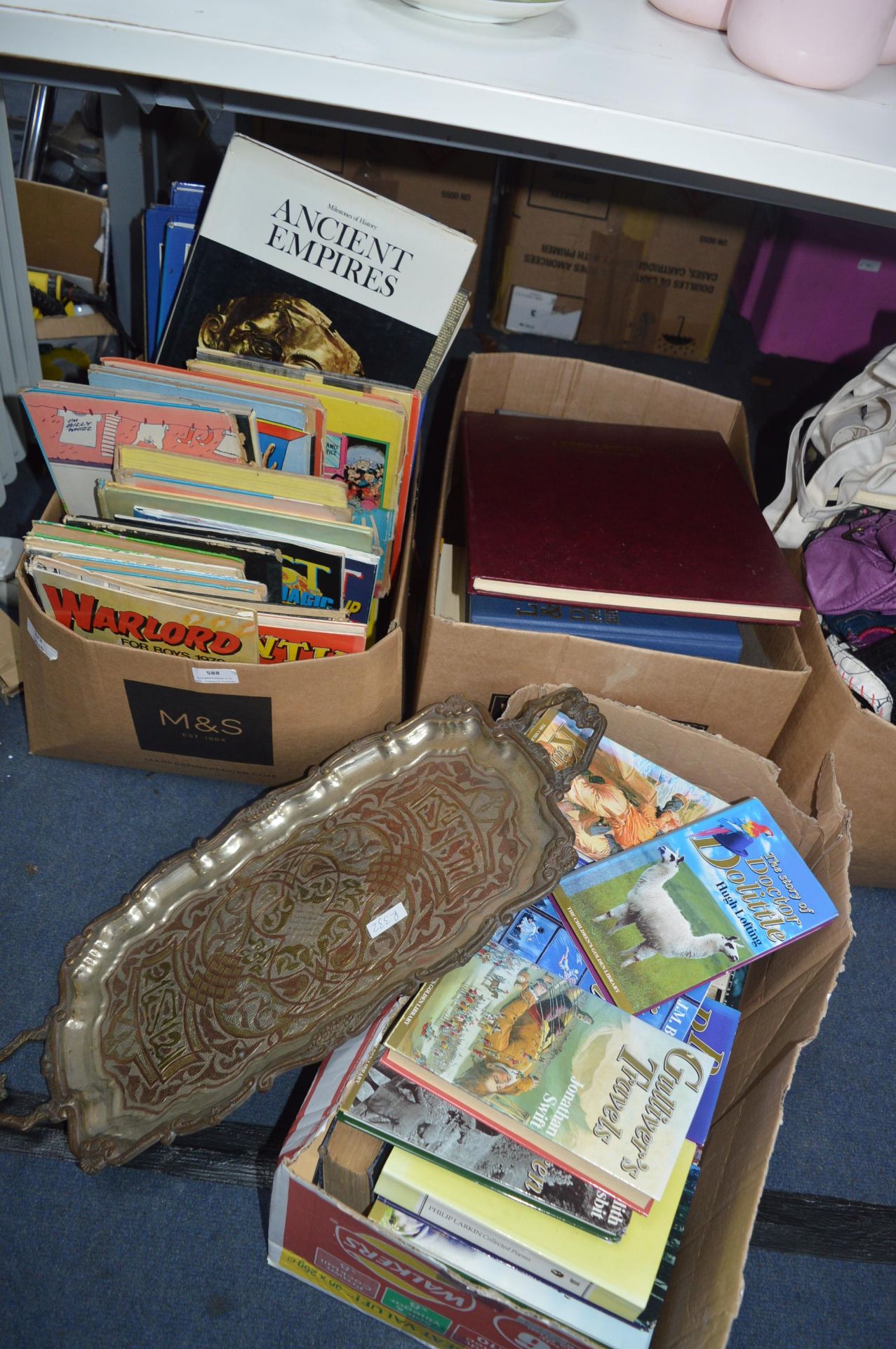 Three Boxes of Books and a Serving Tray