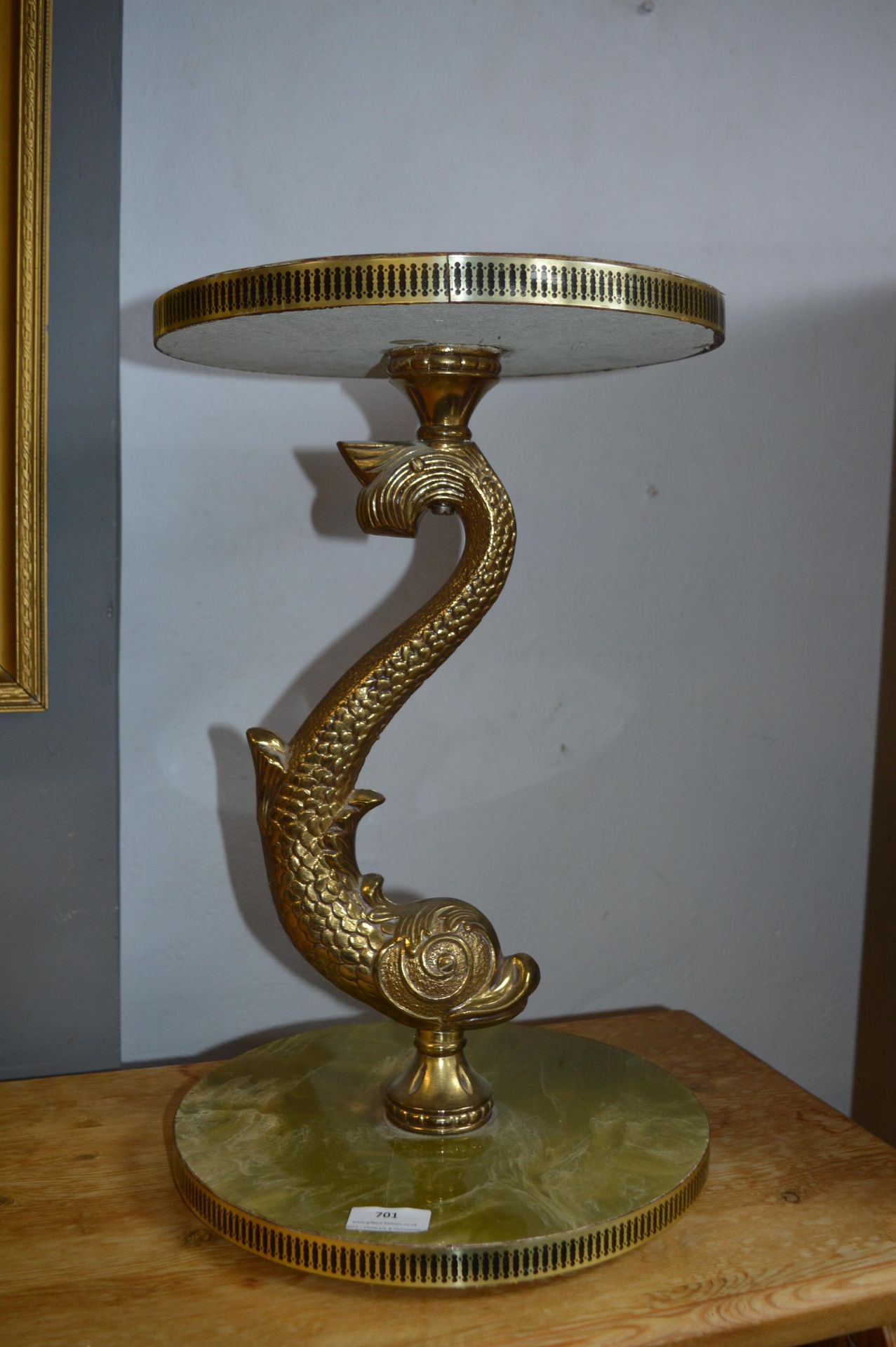 Small Marble Effect Wine Table with Brass Dolphin