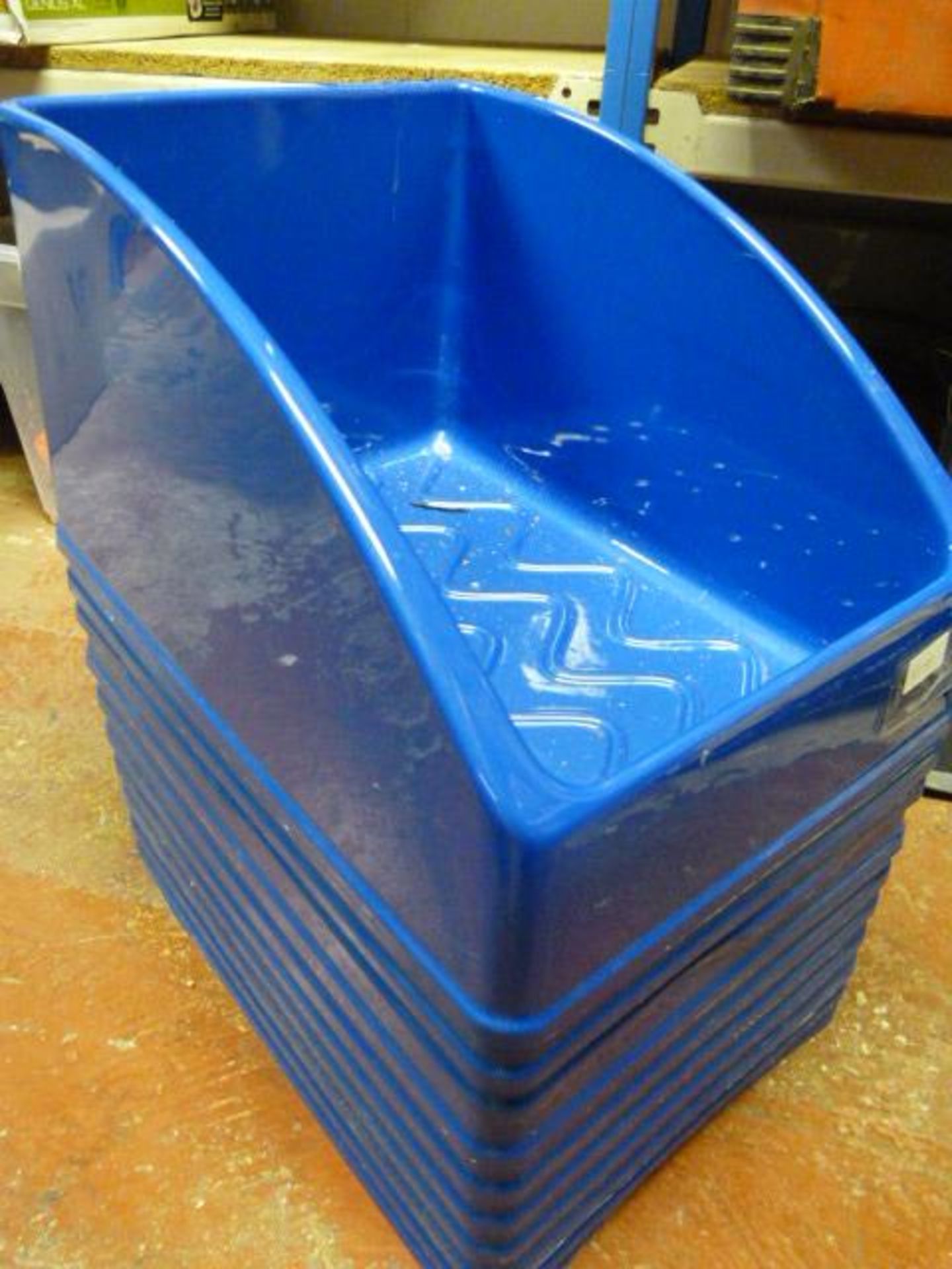 Ten Blue Plastic Storage Bins