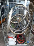 Cage of Bike and Car Parts Including Tyres, Saddles, Mud Guards, Exhaust Pipes, etc.