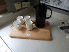 *Beech Chopping Board, Coffee Percolator and Cups