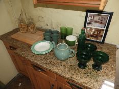 *Wood Chopping Board, Plaster Displays and Assorted Green Crockery and Glassware