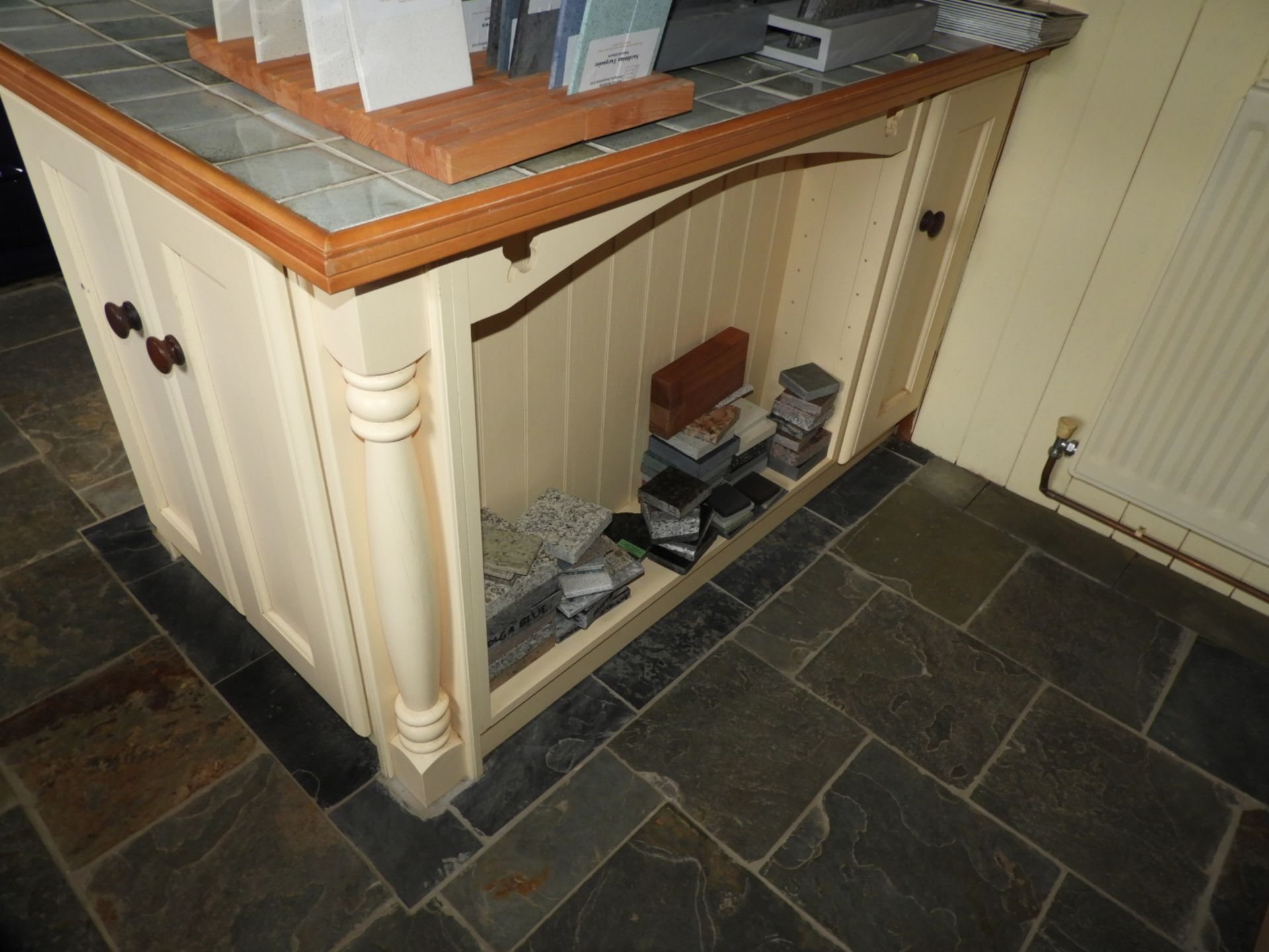 *Handcrafted Tile Topped Corner Unit with Integrated Refrigerator - Image 2 of 3