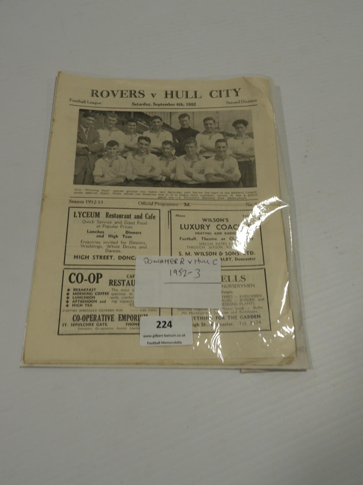 Doncaster Rovers vs Hull City 1952 Programme