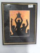 Framed 1930's Silhouette of a Footballer Holding a Cup Up with Teammates