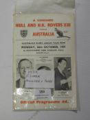 Hull and Hull Kingston Rover vs Australia Programme 1959-60 Season
