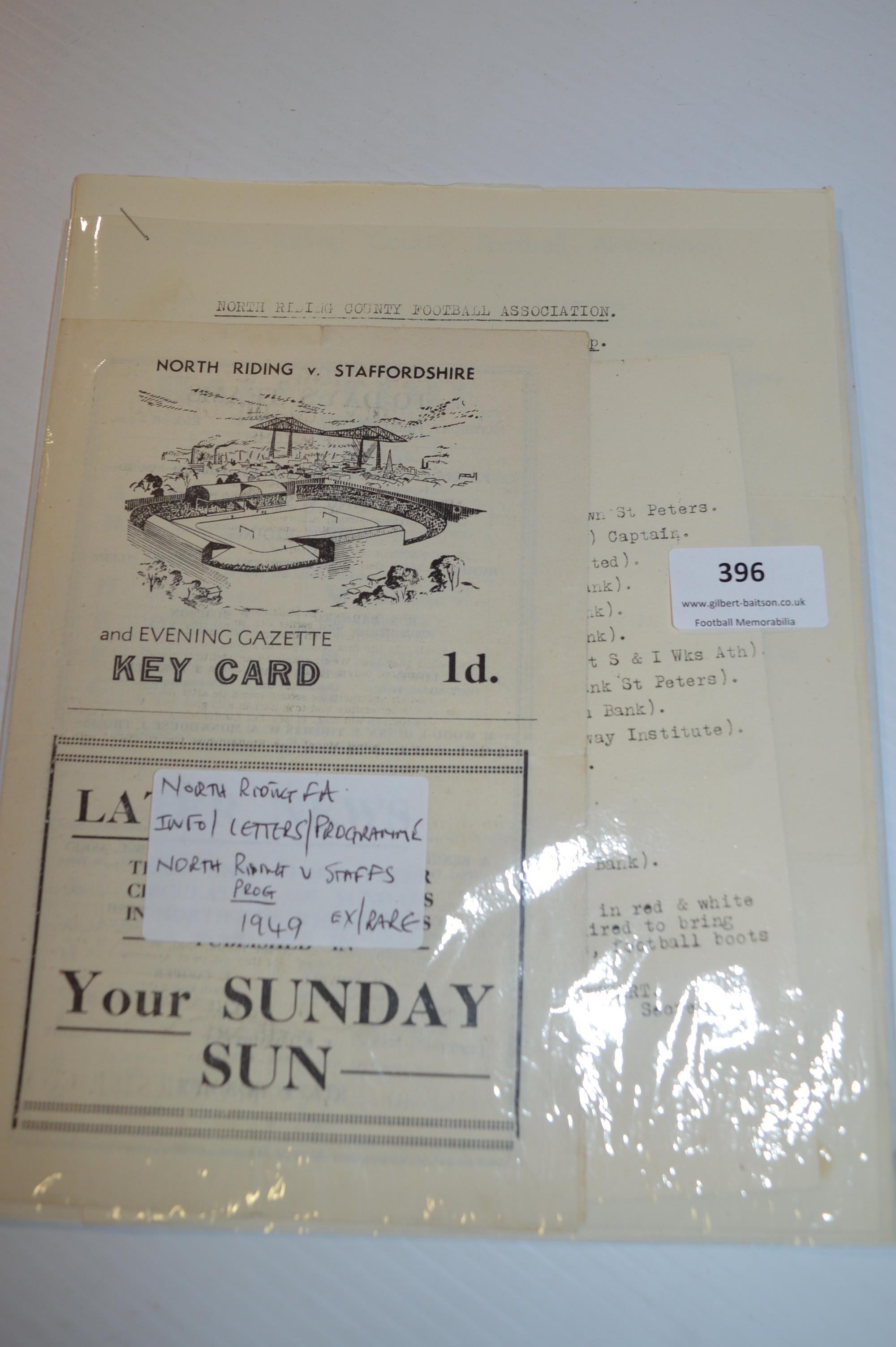 North Riding FA Info, Letter & Programme North Riding vs Staffs 1949