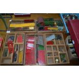 Five Wooden Trays Containing Assorted Meccano Parts