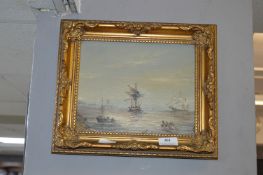 Gilt Framed Oil on Canvas - Shipping Scene