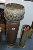 Beaten Copper Umbrella Stand, Brass Bowl and a Brass Shell Case