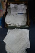 Box of Older Linen Tablecloths, etc.
