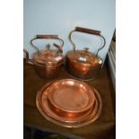 Two Victorian Copper Kettles and Copper Trays