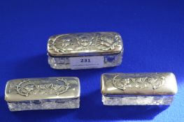 Three Silver Lidded Glass Pin Boxes Hallmarked Birmingham 1904 & 1907