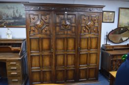 Victorian Jacobean Style Oak Triple Wardrobe with Carved Tree Panels