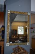 Gilt Framed Bevelled Edge Wall Mirror with Enameled Corner Pictorial Tiles
