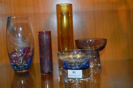 Five Pieces Studio Art Glass; Vases, and Dishes
