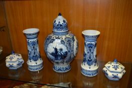 Five Pieces of Dutch Delft Pottery Including Covered Jar (45cm tall)