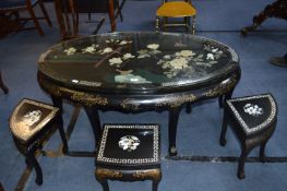Inlaid Oriental Black Lacquered Oval Glass Topped Coffee Table plus Matching Six Stools