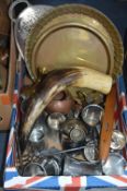 Box of Assorted Metal Ware Including Pewter, Brass and Copper Ware, etc.