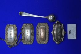 Silver Mustard Spoon, Three Plated Port & Brandy Labels