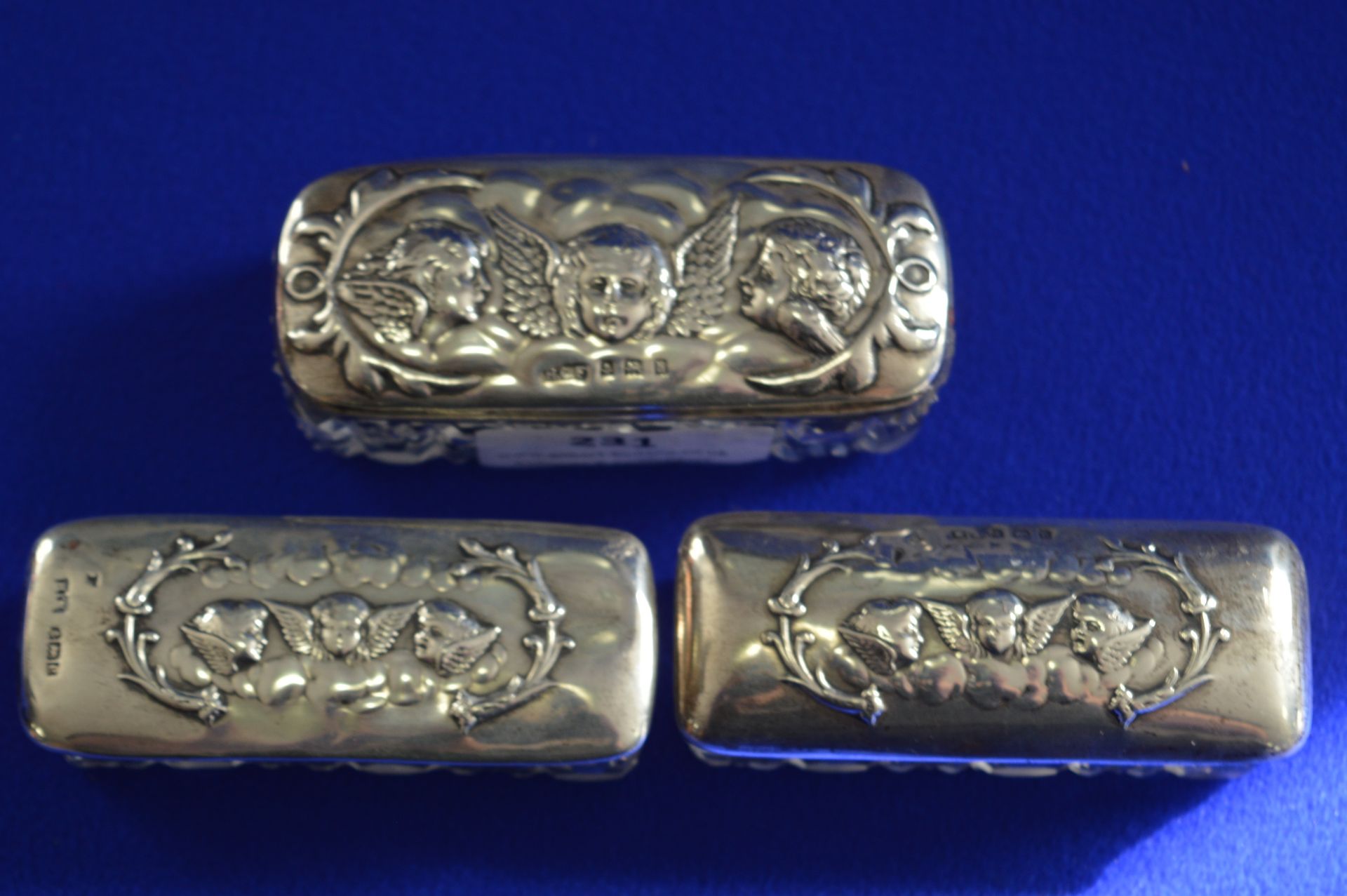 Three Silver Lidded Glass Pin Boxes Hallmarked Birmingham 1904 & 1907 - Image 3 of 4