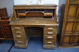 Oak Roll Top Desk with Eight Drawers