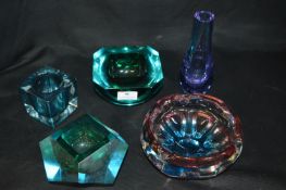 Five Pieces Studio Art Glass; Bowls, Vase, etc.