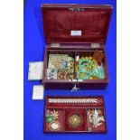 Red Leather Victorian Jewellery Box and Contents