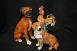 Two Pottery Dogs and a Cockerel, Kingston Pottery, etc.