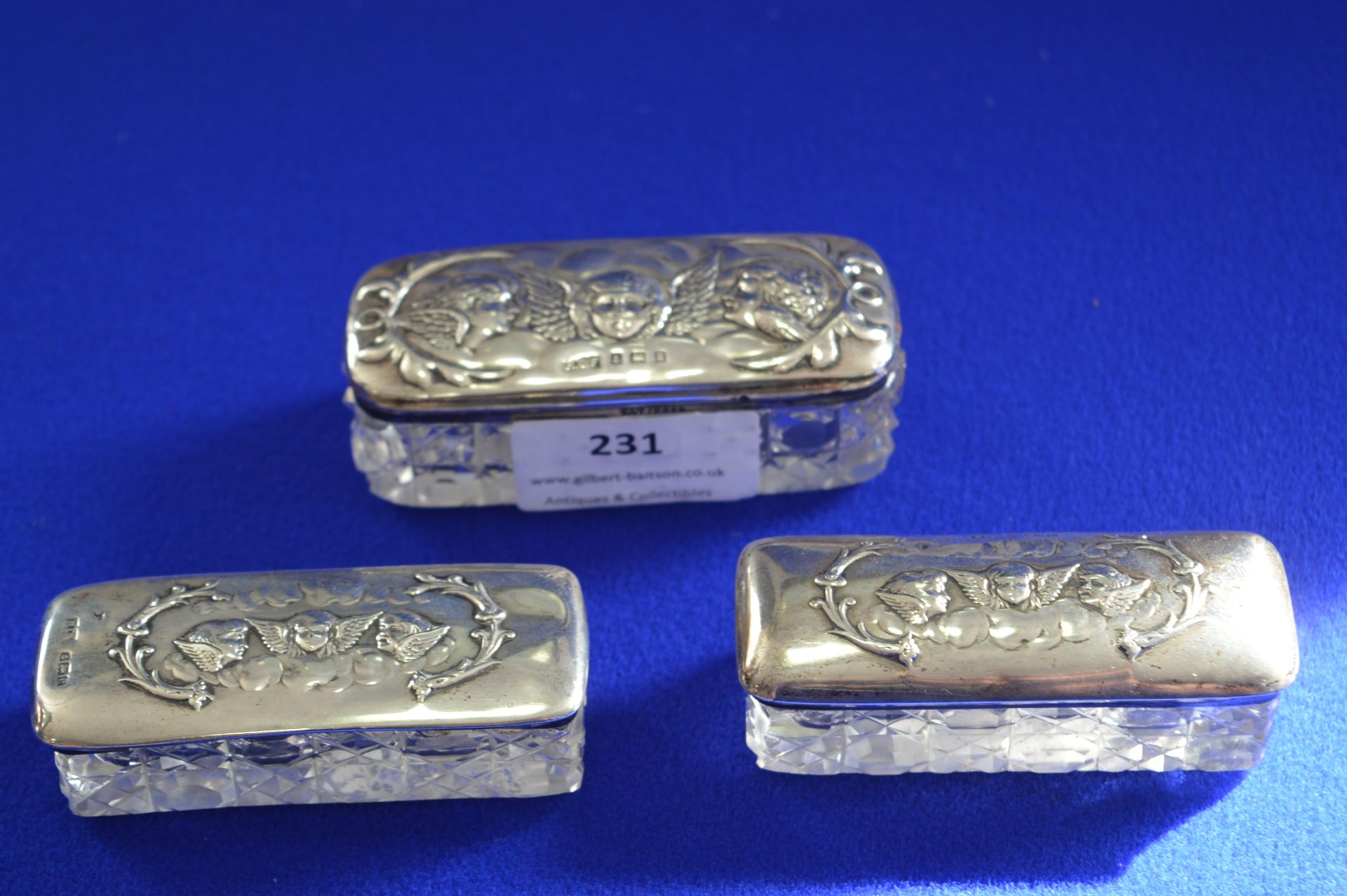 Three Silver Lidded Glass Pin Boxes Hallmarked Birmingham 1904 & 1907 - Image 2 of 4