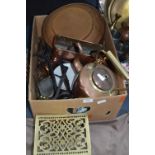 Box of Brassware Including Kettles, Scales, and Copper Pans, etc.