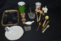 Kitchen Collectibles, Enamelware, Butter Markers, Horn Spoons, etc.