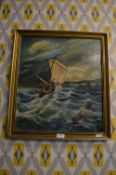 Gilt Framed Oil on Canvas of a Boat in a Stormy Sea