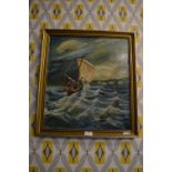 Gilt Framed Oil on Canvas of a Boat in a Stormy Sea