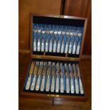 Mahogany Cased Silver Plated Knife & Fork Set with Mother of Pearl Handles