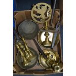 Collection of Brassware Including Pans, Candlesticks, etc.