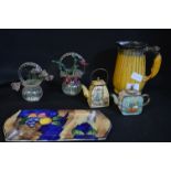 Small Collection of Decorative Items Including Glass Flowers, Enameled Miniature Teapots, etc.