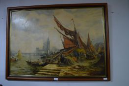 Oil on Board by F. Lonsdale 1970 - Victorian Riverside Scene