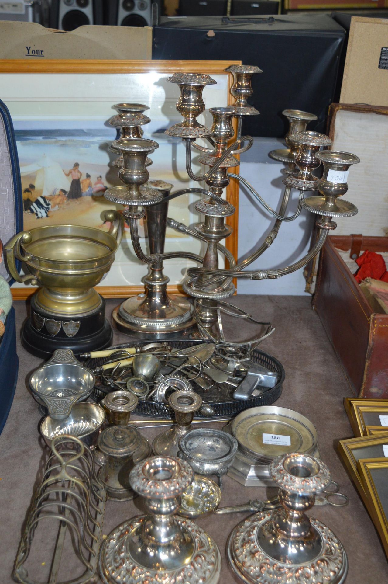 Assortment of Metalware, Silver Plate, Candelabras