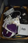 Box of Household Electricals, Irons, Sky Boxes, et