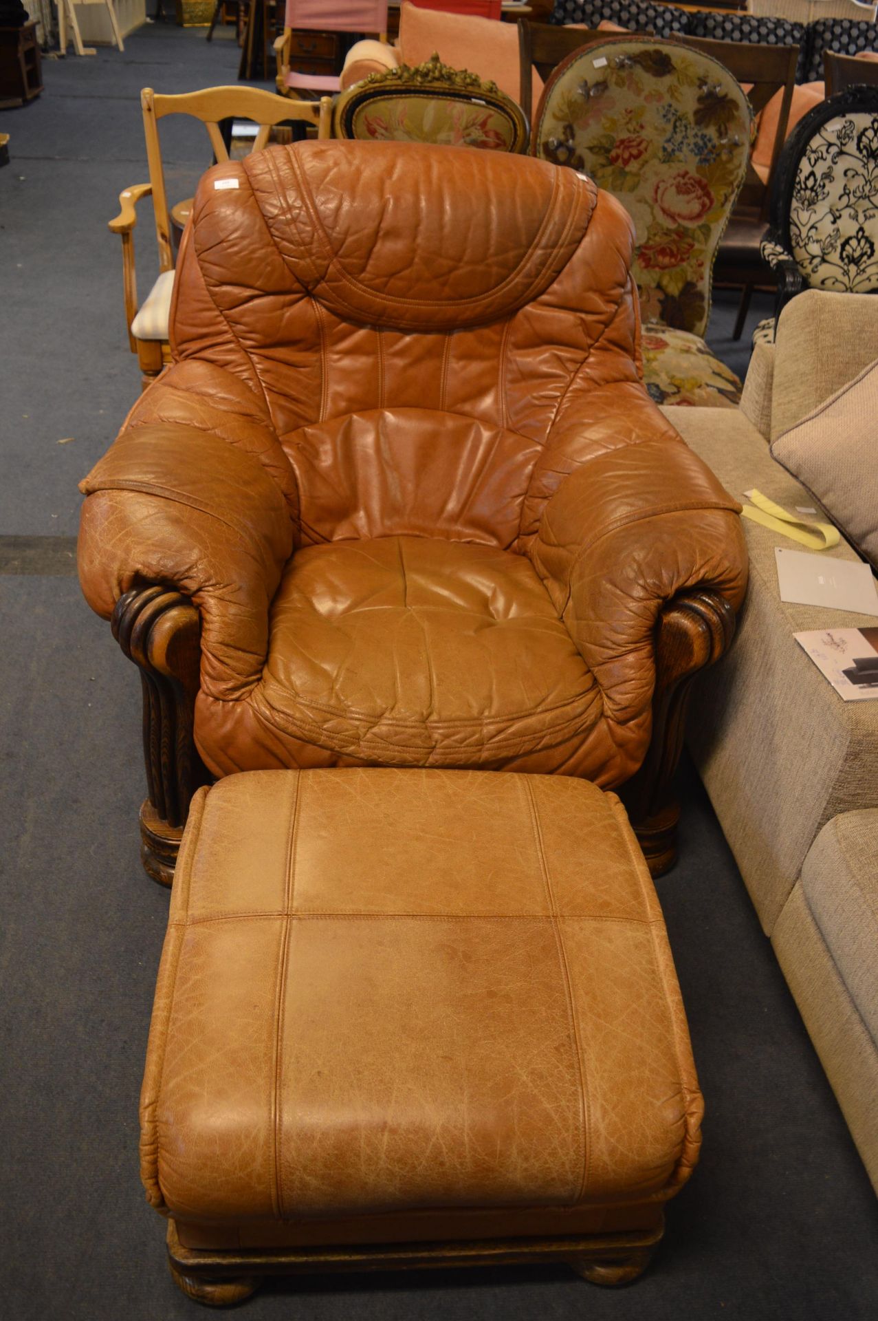 Honey Coloured Leather Armchair and Pouffe