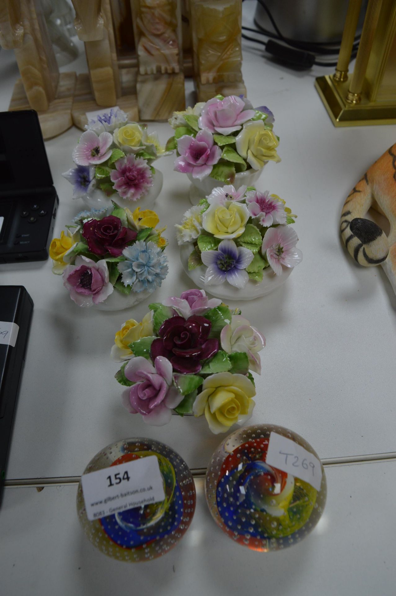 Glass Paperweights, Pottery Flower Posies, etc.