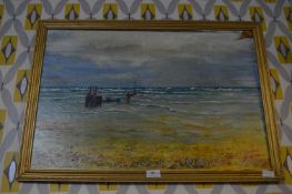 Oil on Board by T.E. Beardshaw - Launching a Boat