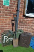 Three Army Petrol Cans and a Spade