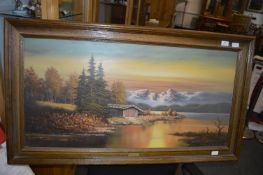 Large Wood Framed Oil on Canvas - Alpine Scene