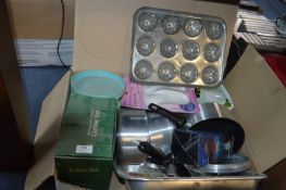 Box of Kitchenware, Aluminium Pans, Coffee Set, et